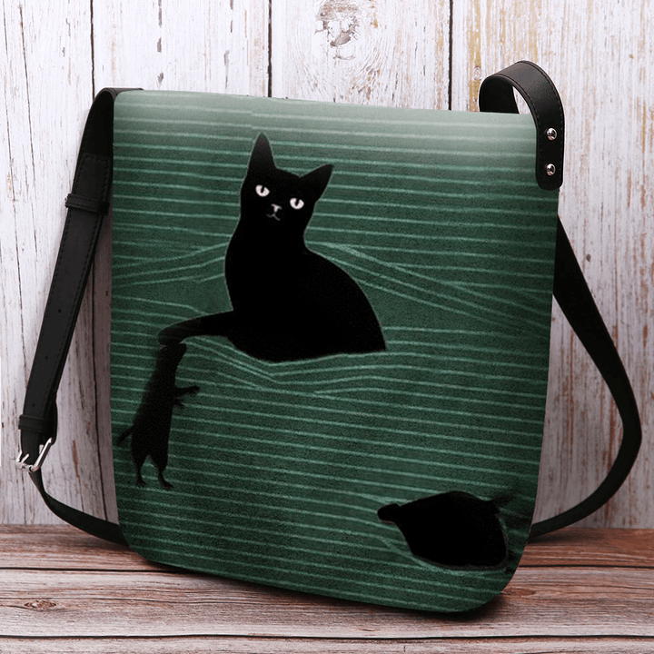 Women Felt Cute Casual Cartoon Black Cat Caught Mouse and Stripes Pattern Crossbody Bag Shoulder Bag - MRSLM