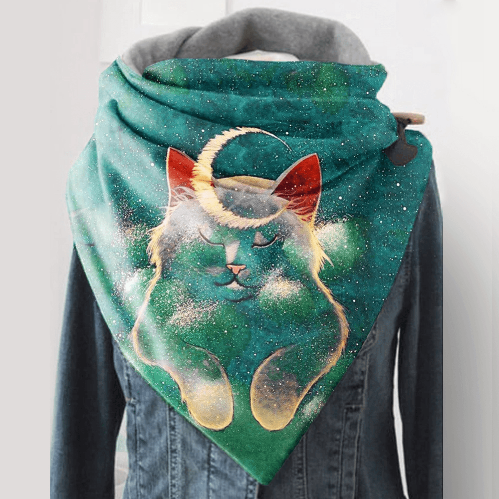 Women Cute Napped Cat and Moon Pattern Thick Soft Neck Protection Keep Warm Scarf - MRSLM