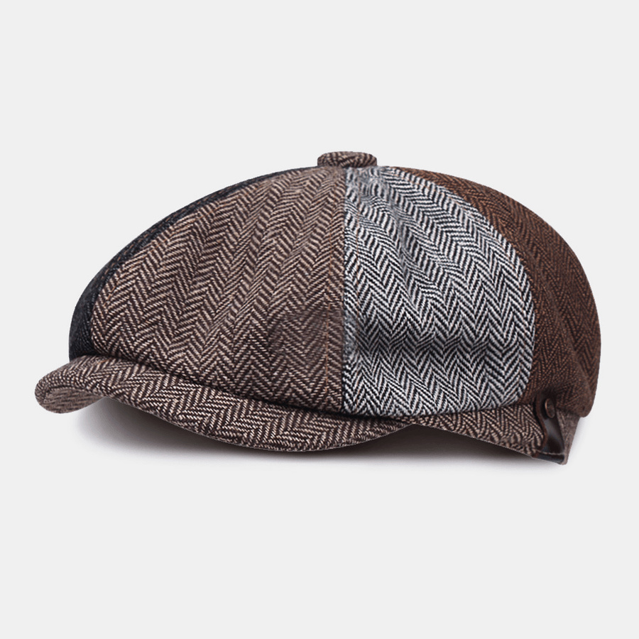 Men Herringbone Color Matching Breathable Octagonal Hat British Retro Short Brim Windproof Newsboy Hat - MRSLM