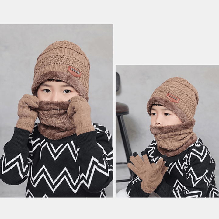 Men Child 3PCS Solid Color Keep Warm Sets Fashion Casual Wool Hat Beanie Scarf Full-Finger Gloves - MRSLM