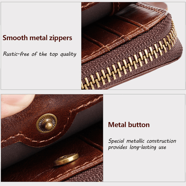 Men Genuine Leather Vintage RFID Blocking Card Holder Zipper Coin Wallet - MRSLM