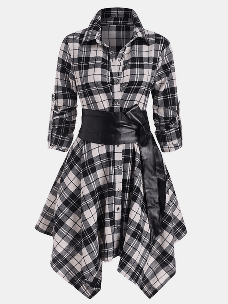 Women Classic Plaid Asymmetrical Shirt Dress with Belt - MRSLM