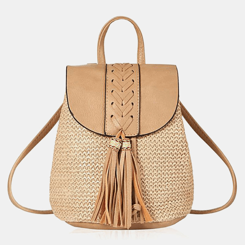 Women Tassel Straw Bag Retro Beach Bag Backpack Bucket Bag - MRSLM