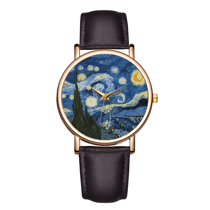 Casual Impressionist Art Painting Dial PU Leather Strap Men Quartz Watch - MRSLM