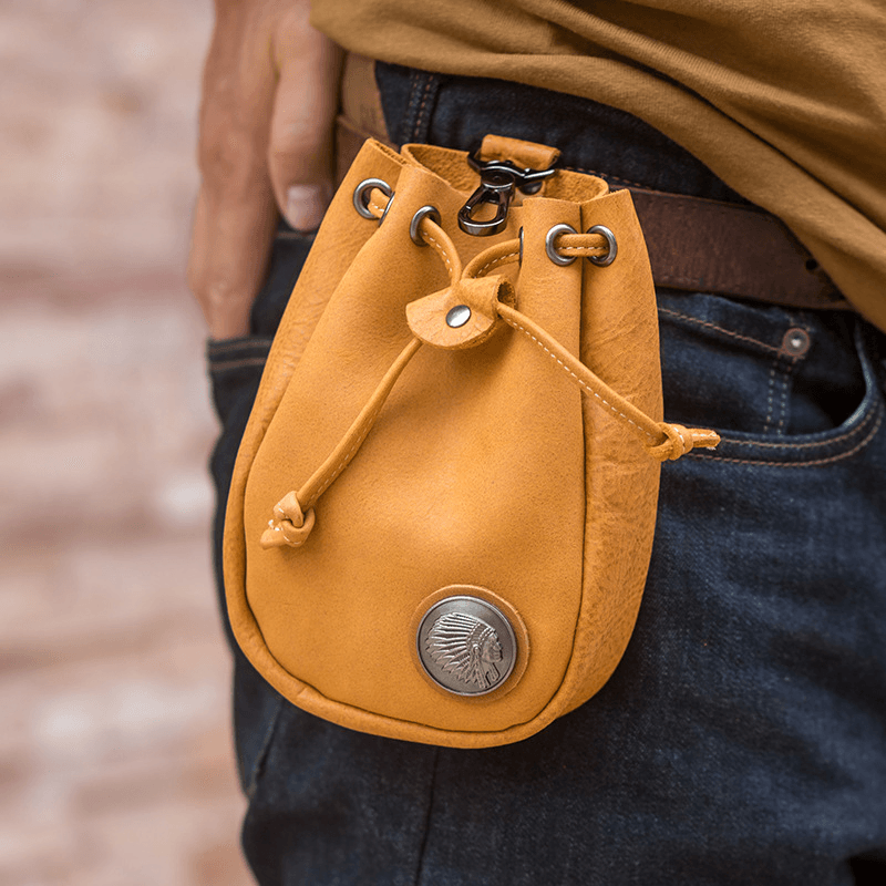 Men Genuine Leather Retro String Pocket Badge Decoration Waist Bag 6.3 Inch Phone Bag - MRSLM