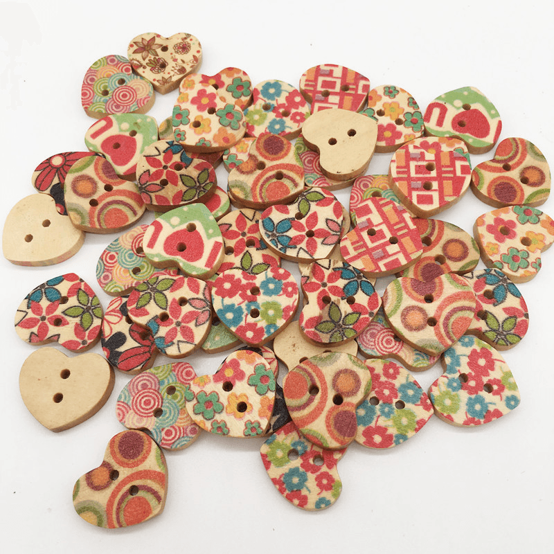 100 PCS Heart Shape Wooden Button Mixed 2 Hole Natural Sewing Children Handmade Clothes Buttons - MRSLM