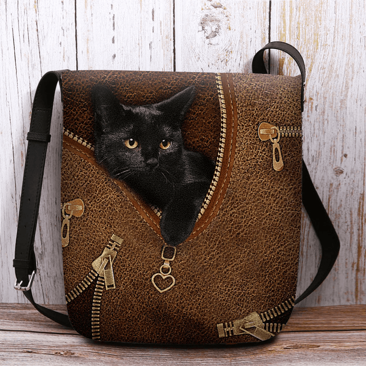 Women Felt Casual Cute 3D Cartoon Black Cat Printing Pattern Crossbody Bag Shoulder Bag - MRSLM