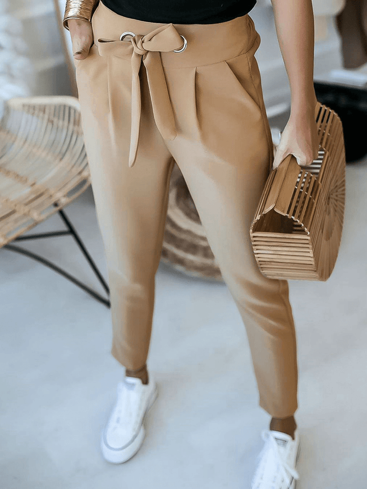 Women Solid Color Lace-Up Pleated Casual Regular Fit Pencil Pants - MRSLM