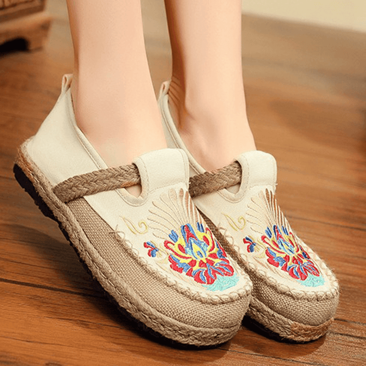 Women Linen Comfy Embroidery Straw Slip on Flat Loafers - MRSLM