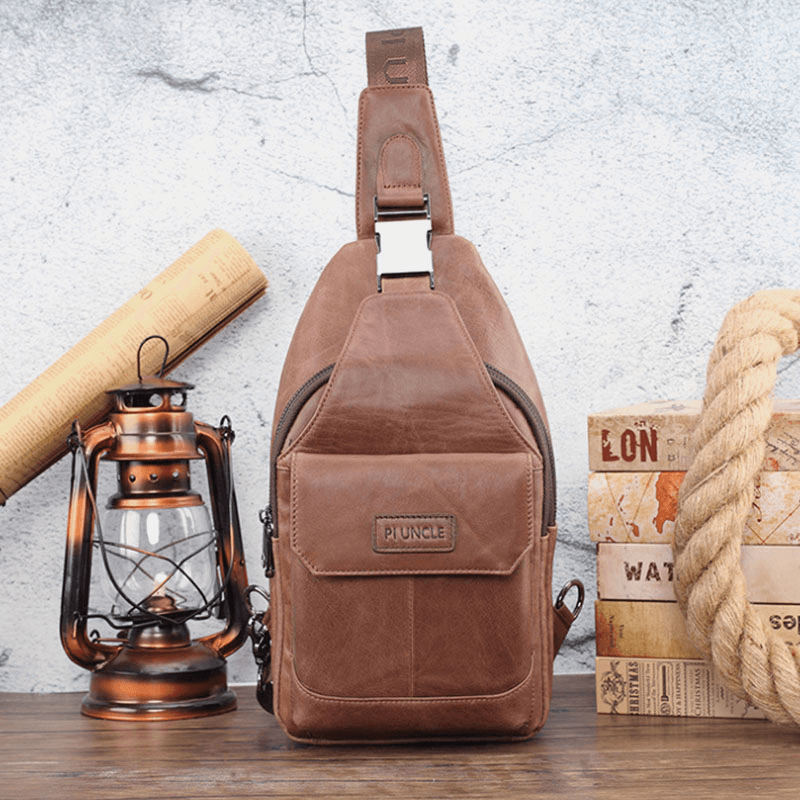 Men Genuine Leather New Vinatge Large Capacity Chest Bag Shoulder Bag Crossbody Bag - MRSLM