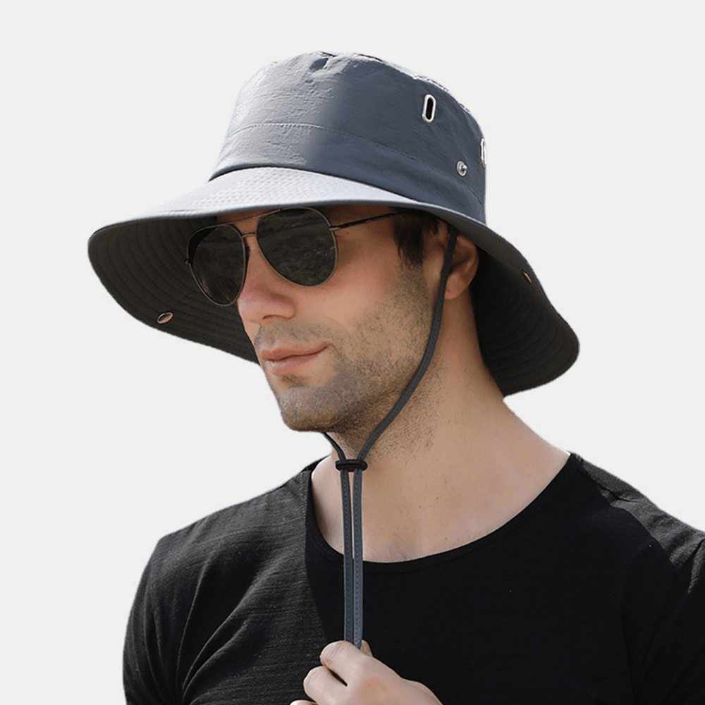 Men Big Brim Windproof Rope Adjustable Sunshade Hat Dual-Use Outdoor Fishing Mountaineering Anti-Uv Bucket Hat - MRSLM