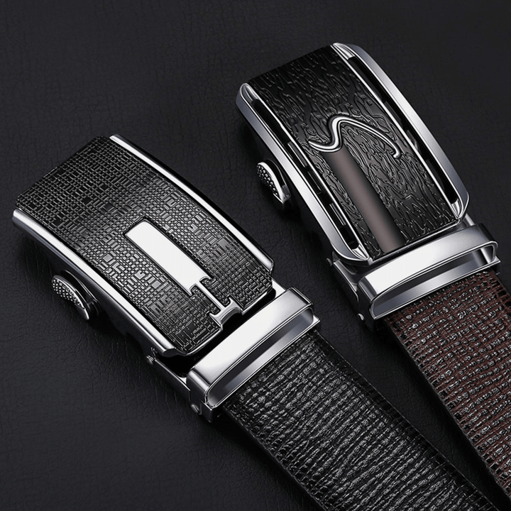 Men Genuine Leather Automatic Buckle 120CM Ratchet Dress Belt Business Jeans Suits Cowhide Belt - MRSLM