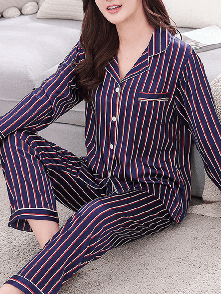 Stripe Camp Collar Pocket Long Sleeve Elastic Waist Faux Silk Home Pajama Sets for Women - MRSLM