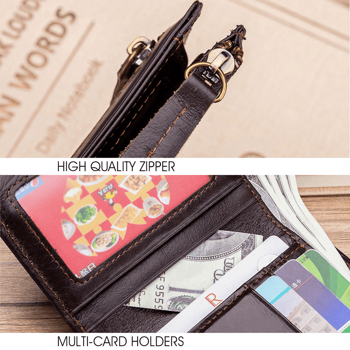 Men Bifold Leather Wallets Hasp Short Large Capacity Coin Purse Card Holder Cowhide Wallets - MRSLM