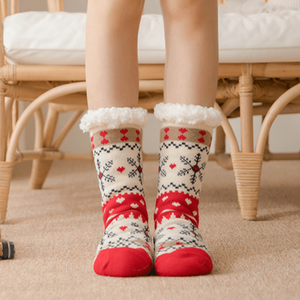 Women Warm Winter Outdoor Christmas Style Snowflake Pattern plus Velvet Thicken Home Sleep Socks Tube Socks - MRSLM