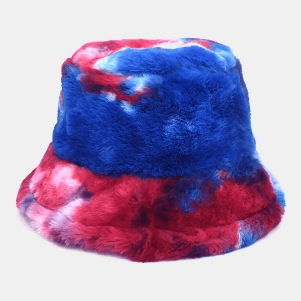 Unisex Faux Rabbit Fur Colorful Gradient Tie-Dye Bucket Hat Winter Thicken Warmth Windproof Fashion Sunshade Hat - MRSLM