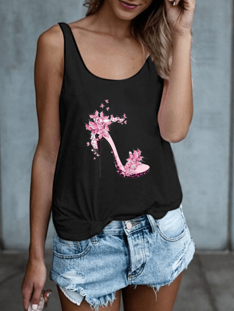 High Heels Flower Print Sleeveless Loose Casual Tank Tops for Women - MRSLM