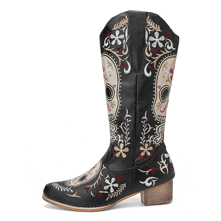 Women Color Kartoon Printed Embroidered Wear Resistant Chunky Heel Mid-Calf Boots - MRSLM