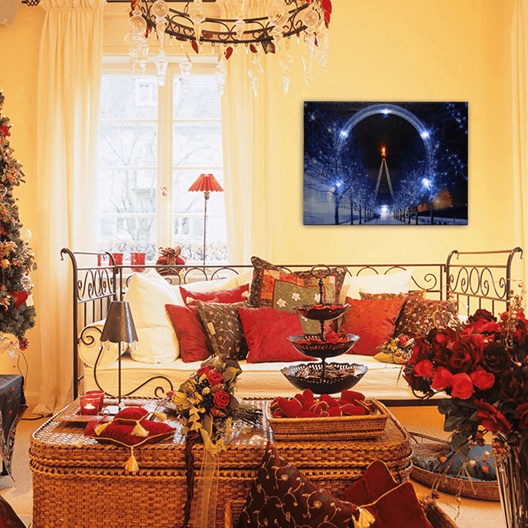 40 X 30Cm Operated LED Christmas Snowy Street Ferris Wheel Canvas Print Wall Paper Art - MRSLM