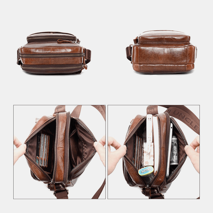 Men Genuine Leather Multi-Function Retro Wear-Resisant Large Capacity Handbag Shoulder Bag Cross Body Bag - MRSLM