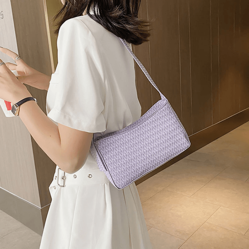 Women Weave Solid Color Casual Tote Shoulder Bag Handbag - MRSLM