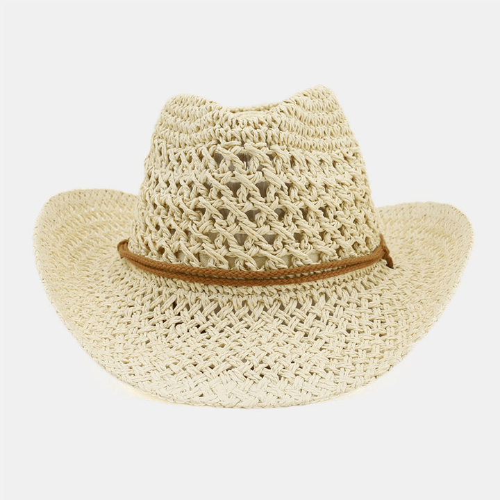 Unisex Handmade Sunscreen Travel Beach Sun Hat Cowboy Style Panama Hat Straw Hat with Adjustable String - MRSLM