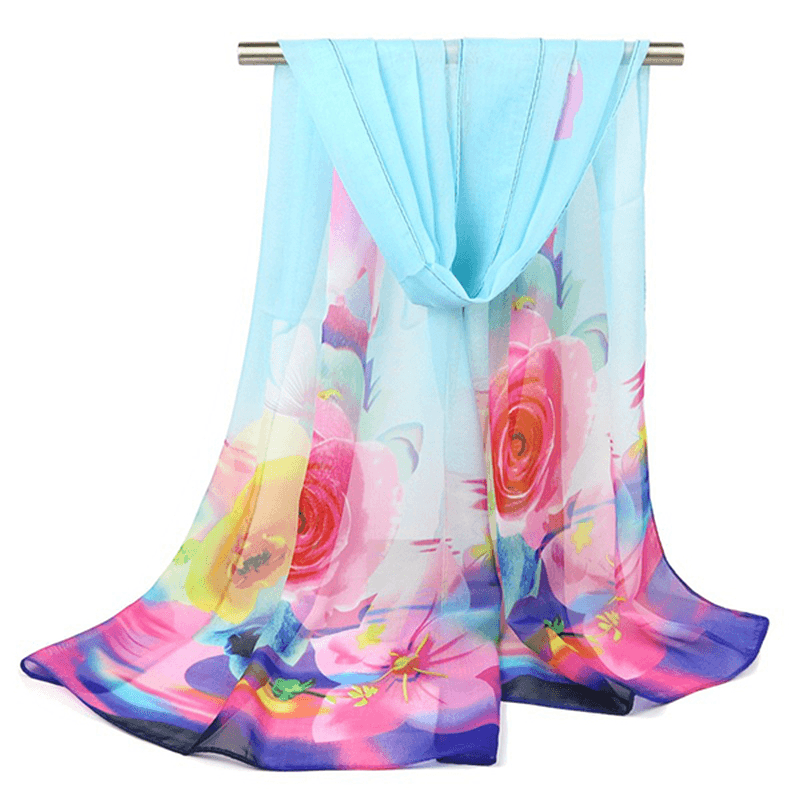 Women Summer Thin Chiffon Scarf Travel Rose Flowers Breathable Shawl - MRSLM