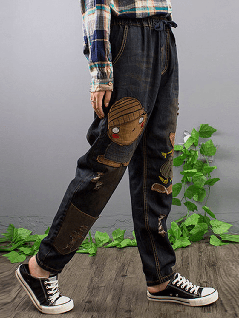 Embroidery Patchwork Elastic Waist Denim Jeans - MRSLM