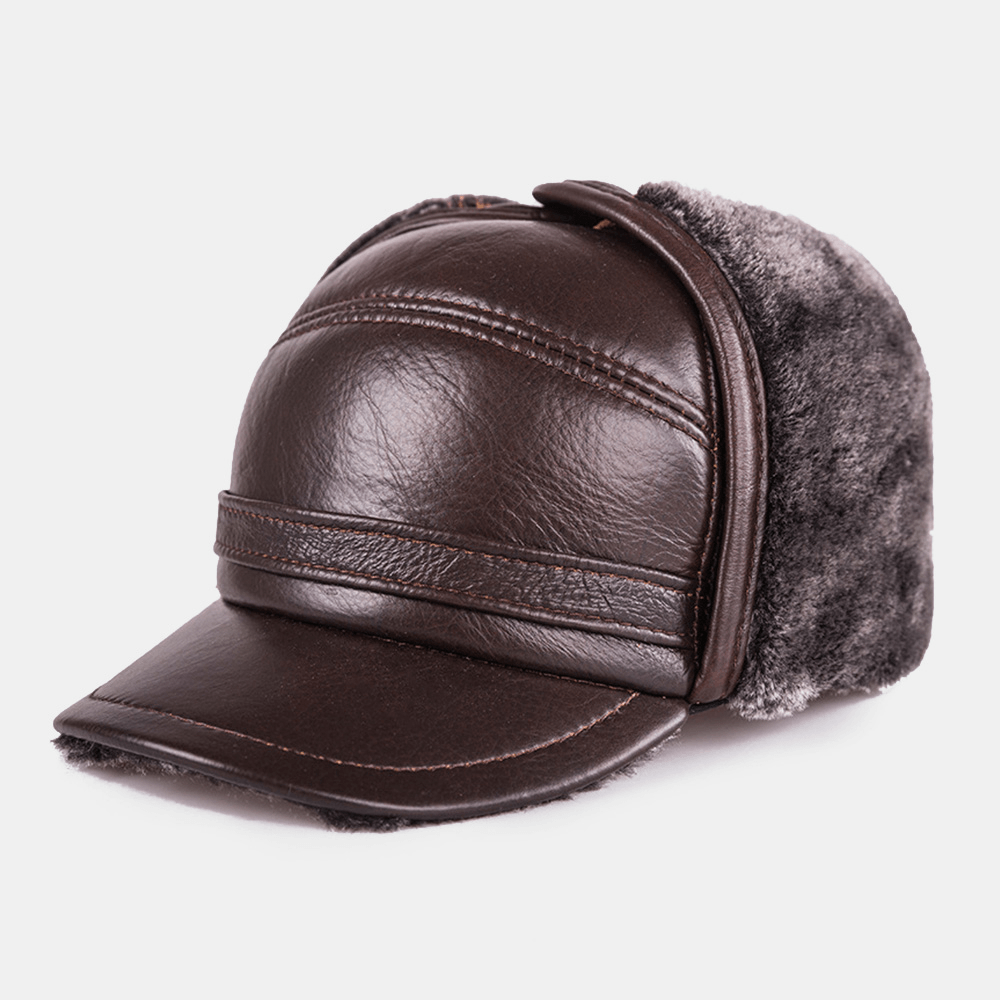 Men Genuine Leather Winter Thicken Warmth Baseball Cap Built-In Ear Protection Earmuffs Design Middle-Aged Elderly Leather Hat Trapper Hat - MRSLM