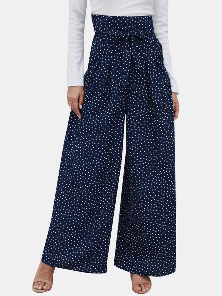 Casual Polka Dot Print High Waist Bow Wide Pants with Pocket - MRSLM