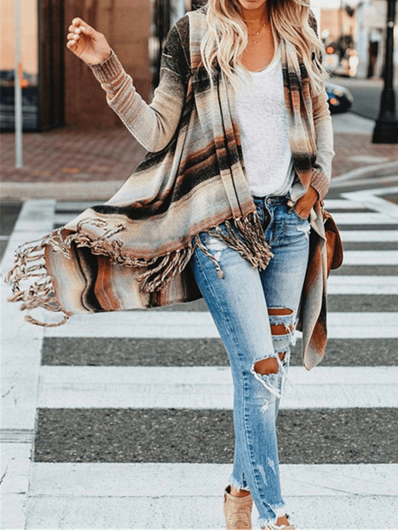 Women Striped Tessel Open Front Knitting Long Sleeve Irregular Hem Cardigan - MRSLM