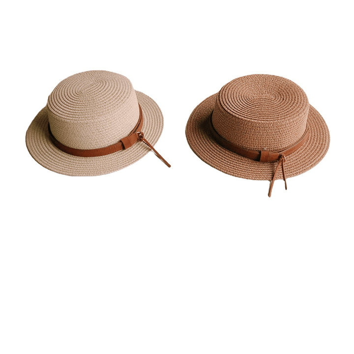 Ins Wind Personality Leather Buckle Children Flat Top Sunshade Straw Hat Summer Outing for Men and Women Baby Big along Sunshade Beach Hat - MRSLM