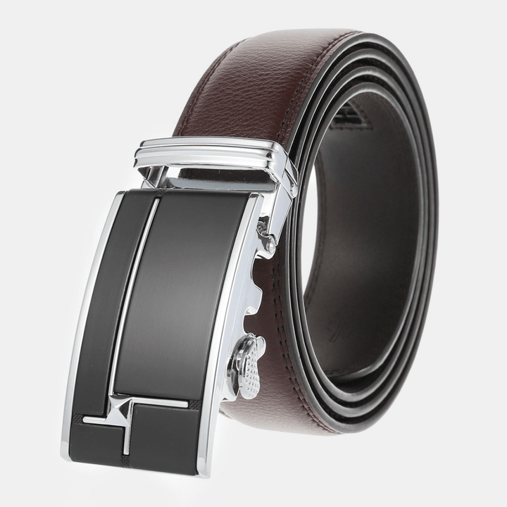 Men Genuine Leather Rectangular Alloy Automatic Buckle 3.5 CM Casual Business Wild Belt - MRSLM