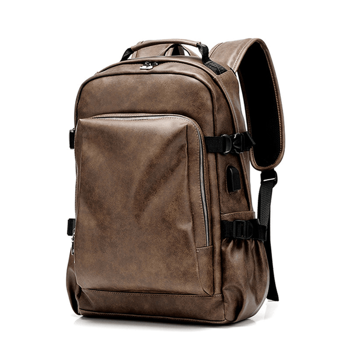 Men Business PU Leather Solid Backpack Casual Computer Bag - MRSLM