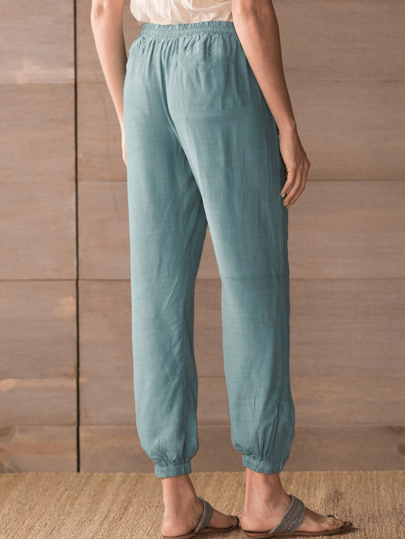 Women Solid Color Pocket Loose Elastic Waist Pants - MRSLM