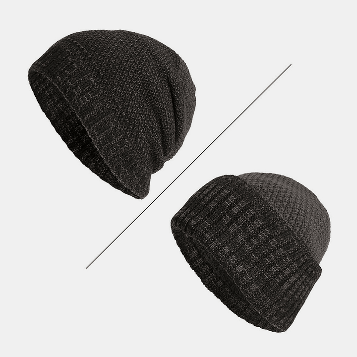 Men Polyester Cotton Autumn Winter plus Velvet Warmth Dual-Use Two-Color Knitted Hat Beanie Hat - MRSLM