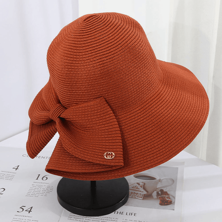 Women Foldable Rear Split Design Bow Straw Hat Adjustable Breathable Summer Casual Wild Sunshade Bucket Hat - MRSLM