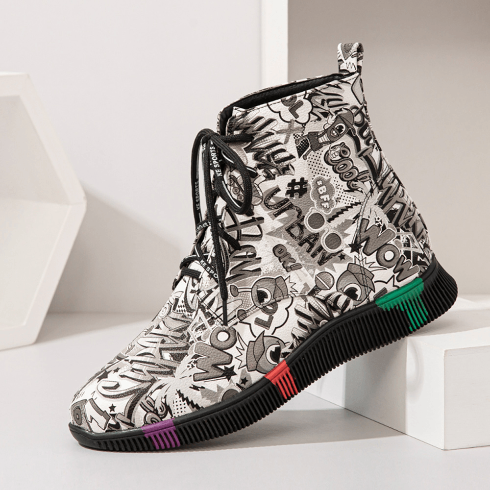 Women Casual Letter Graffiti Printing Multicolor Lace up Short Combat Boots - MRSLM