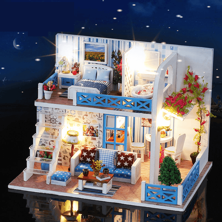 Wooden Multi-Style 3D DIY Handmade Assemble Doll House Miniature Kit with Furniture LED Light Education Toy for Kids Gift Collection - MRSLM