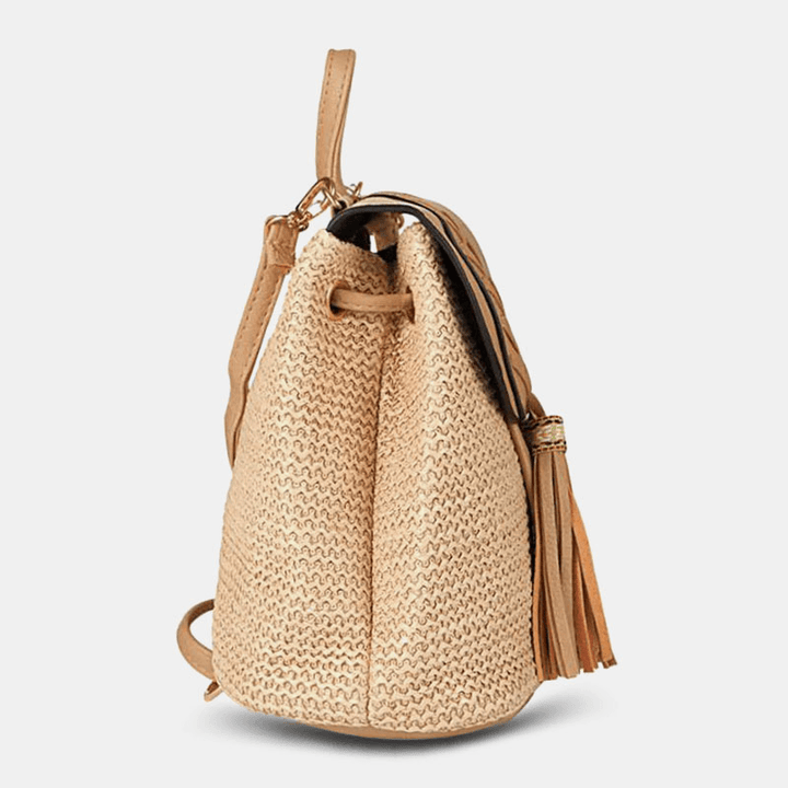 Women Tassel Straw Bag Retro Beach Bag Backpack Bucket Bag - MRSLM