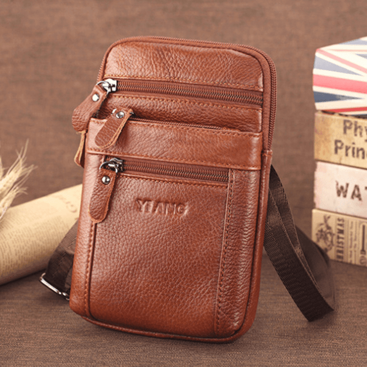 Men Genuine Leather Retro Multi-Function Belt Bag Cross Body Bag Casual Large Capacity Easy Carry Waist Bag - MRSLM