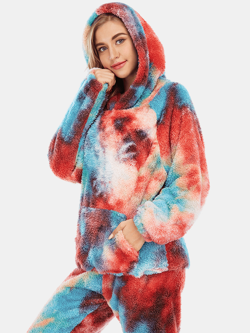 Women Tie Dye Fleece Kangaroo Pocket Hoodie Pants Home Sleepweat Casual Pajama Set - MRSLM