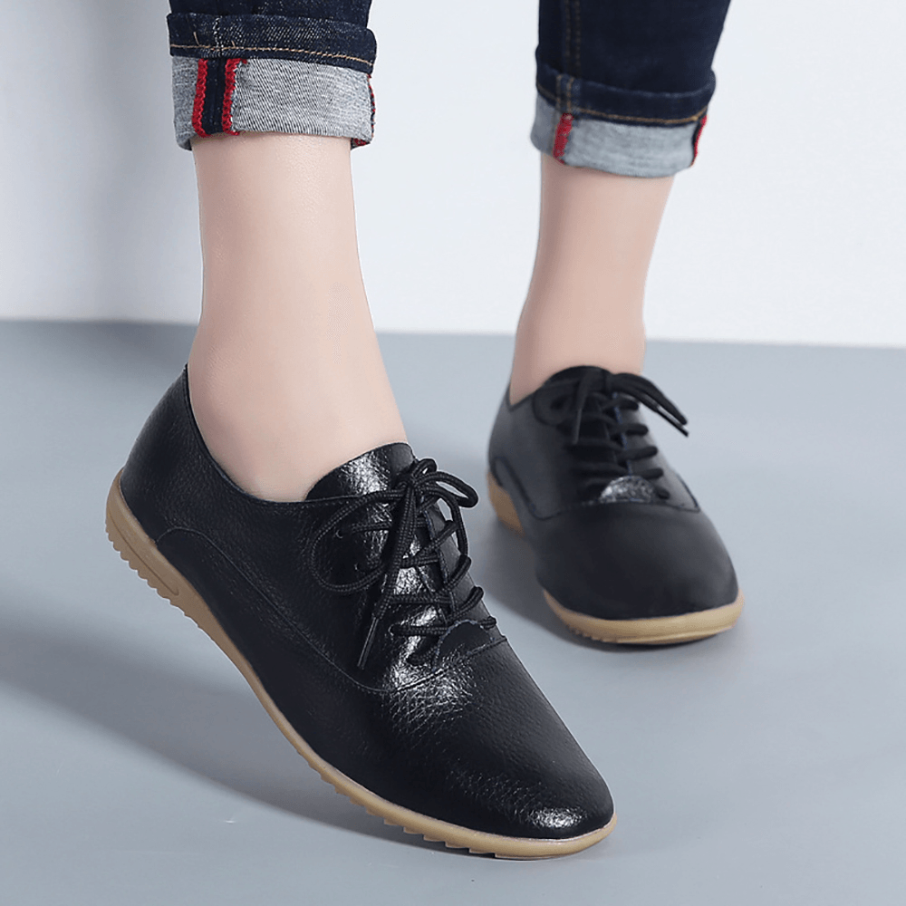 Women Slip Resistant Lace up Casual Leather Flats - MRSLM