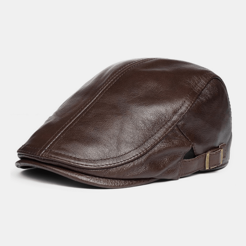 Men Genuine Leather Solid Classical Casual Forward Hat Beret Hat - MRSLM