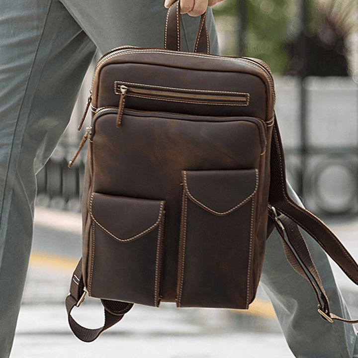 Men Genuine Leather Large Capacity Retro Casual Fashion 14 Inch Laptop Bag Travel Bag Business Backpack - MRSLM