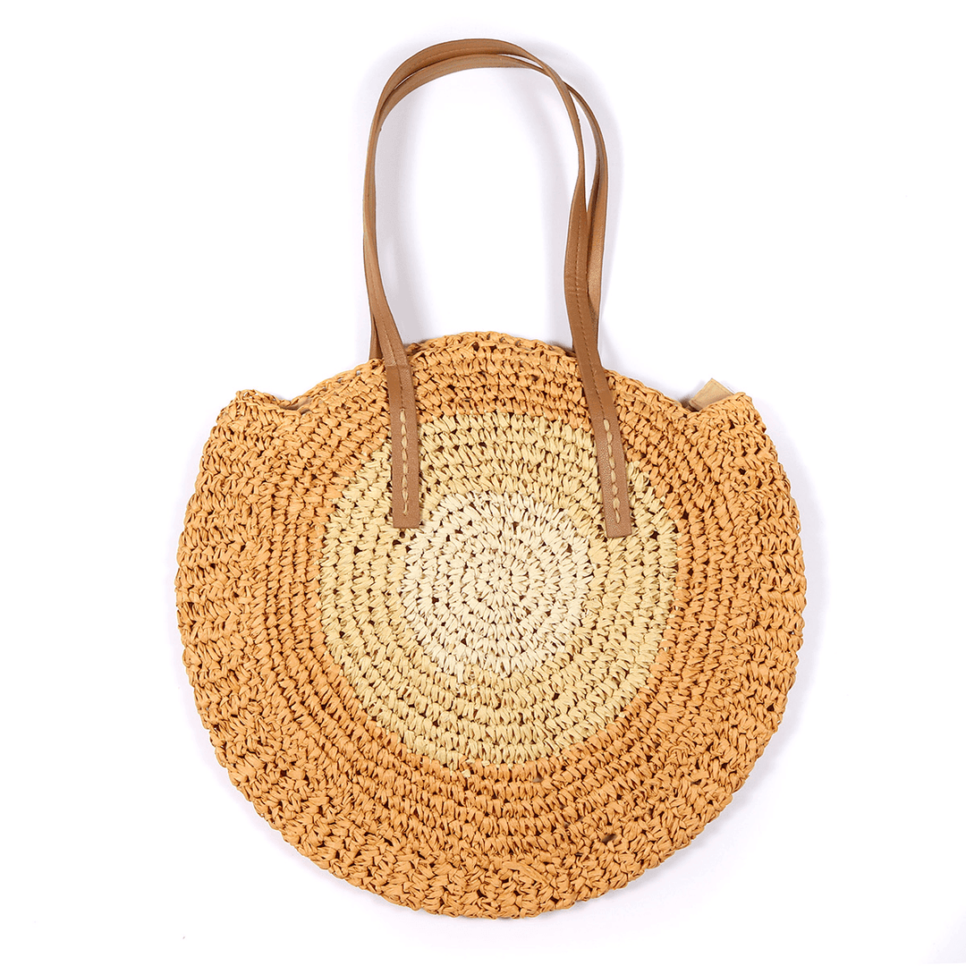 Women Beach round Straw Bag Bucket Rattan Woven Handbag Shoulder Bag Outdoor Travel - MRSLM