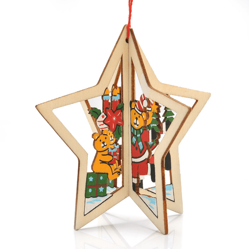 Christmas 3D Wooden Pendant Star Bell Tree Hang Ornaments Home Party Decorations Kids Gifts - MRSLM