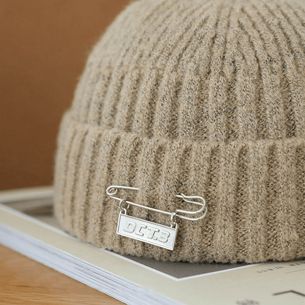 Unisex Acrylic Pin Letter Decorative Knitted Cap Autumn Winter Warmth Dome All-Match Brimless Beanie Landlord Cap Skull Cap - MRSLM