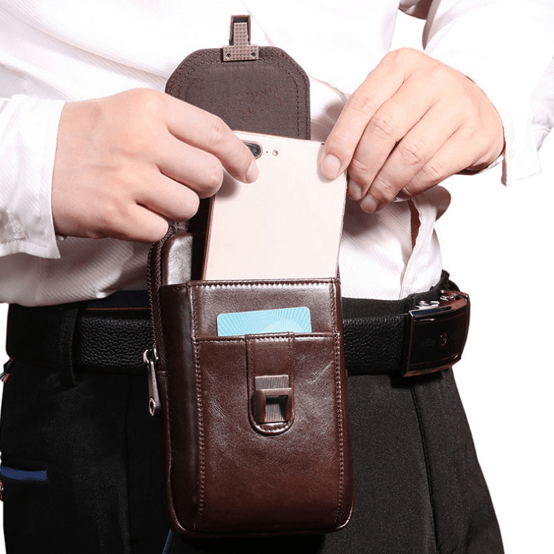 Men Mini Genuine Leather 6.5 Inch Phone Holder Waist Pack Belt Bag Crossbody Bag - MRSLM