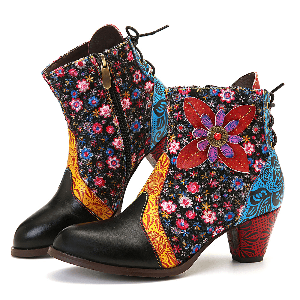 Women Retro Leaf Flower Leather Comfy Zipper Ankle Boots - MRSLM